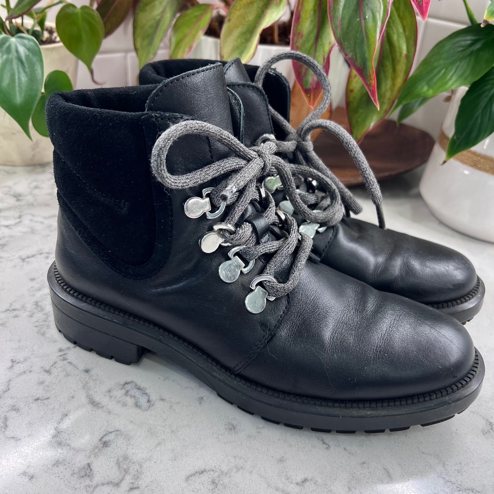 Aquatalia Womens Black Leather Suede Hiker Boots Made in Italy Lug Sole Size 8‎